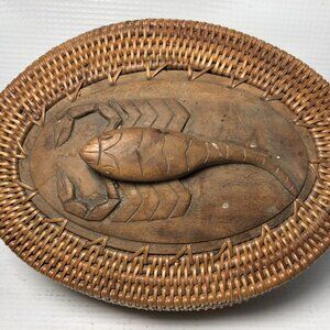 Vintage Wood Woven Trinket Basket with Carved Scorpion Lid